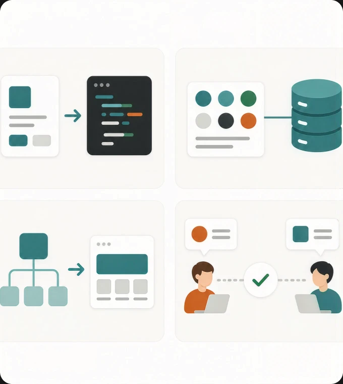 Four-panel diagram: a Figma component mapping into code, a colour token set feeding a single shared data source, a component tree mirroring a frontend layout, and a designer and an engineer working from the same model.