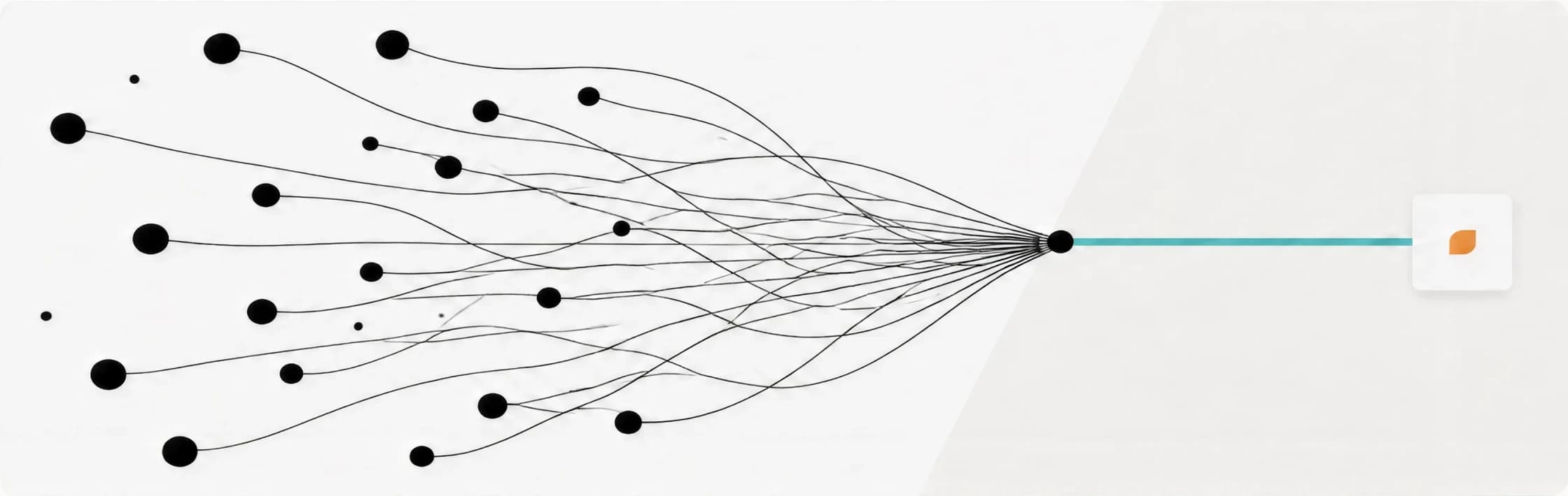 About twenty scattered nodes, each connected by its own thin line, all converging into a single point that continues as one path into Repfabric — the twenty mapped roles narrowed to the one persona driving adoption.
