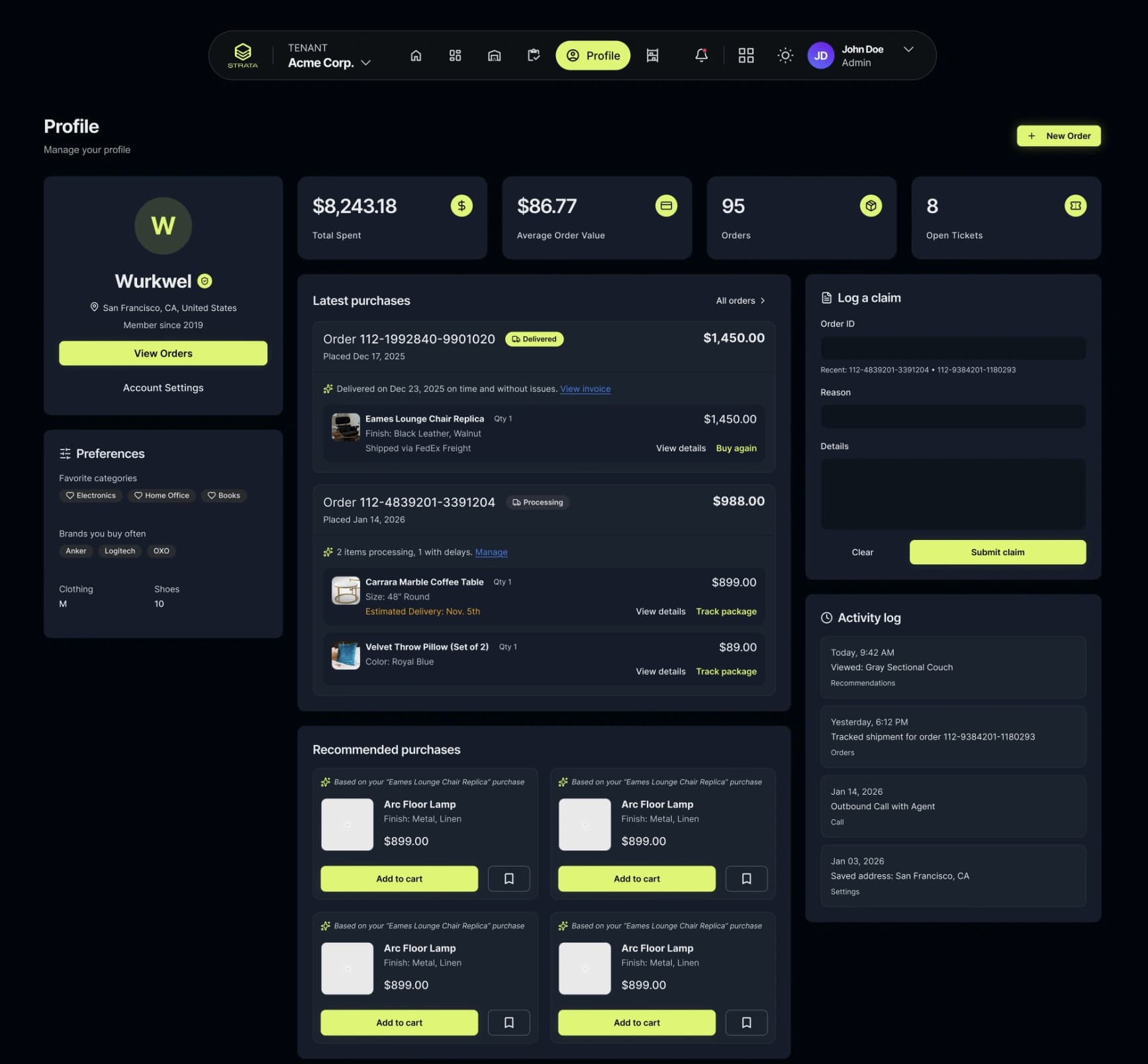 A design frame of a customer profile: spend and order totals, recent purchases with delivery status, a claim form, product recommendations, and an activity log of views, tracking events and calls.