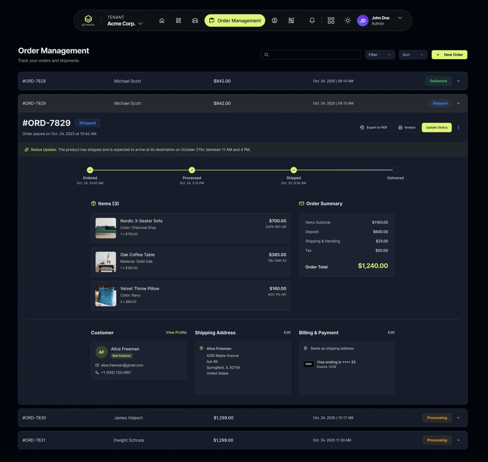 A design frame of an expanded order: a status timeline from ordered through processed, shipped and delivered, the line items and order summary, and the customer, shipping and billing detail that travels with a decision made during the order.