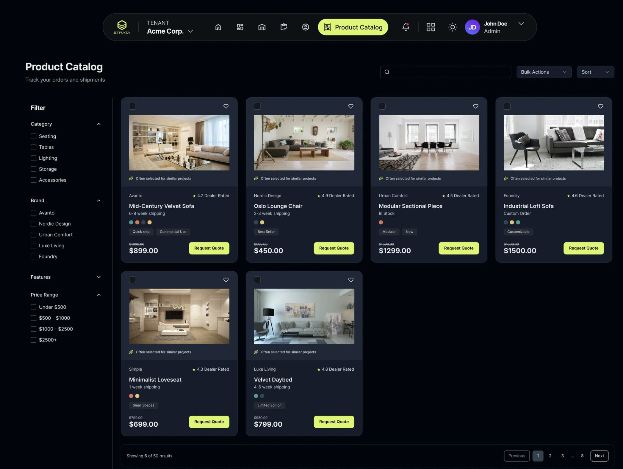 A design frame of a product catalog with category, brand and price-range filters, each product card carrying a dealer rating and a Request quote action — the entry point where an order begins before it reaches the decision surface.